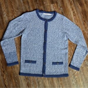 EWM Modern Chic Marled Knit Cozy Cardigan Crew Neck Contrast Trim Classic Blue S